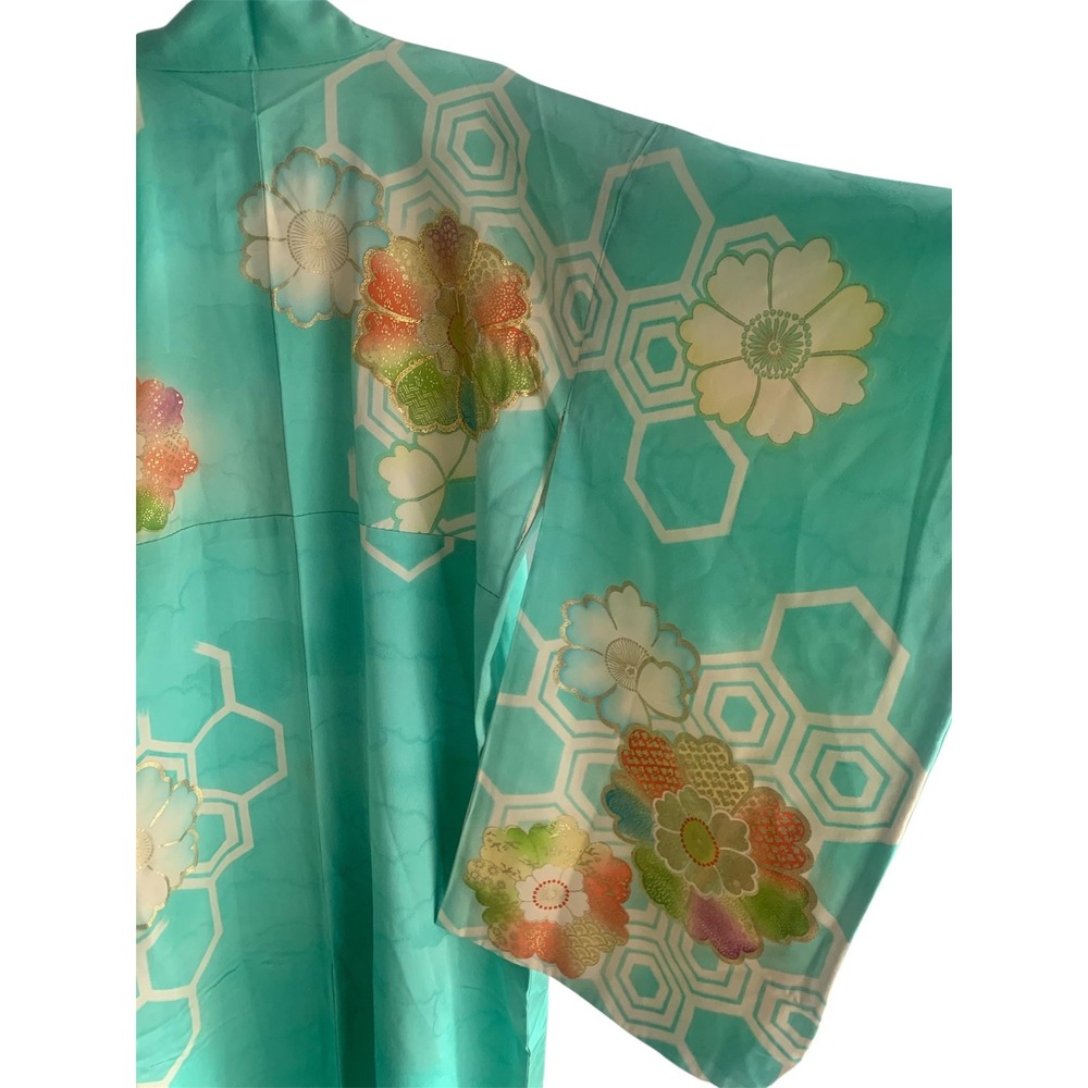 Vintage Silk Furisode Kimono Womens OS Blue Floral Embroidered Excellent Robe